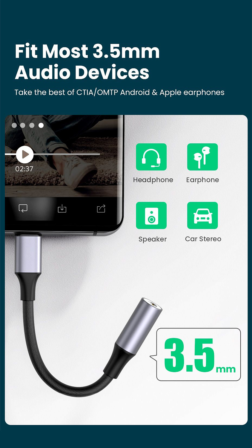 80154 Кабель UGREEN AV161 USB Type C - 3.5mm аудио, оплетка, алюминий, 0.1M